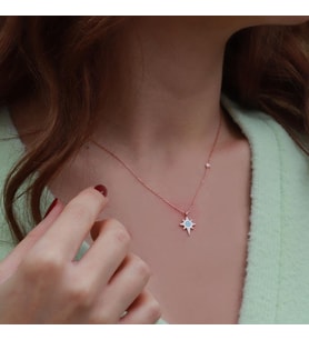 Kutup Yıldızı Figürlü Zirkon Taşlı Mine İşli Rose Gold Kaplama Gümüş Kolye