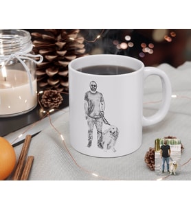 BK Gift Kişiye Özel Tam Boy Karakalem Erkek ve Köpek Karikatürlü Beyaz Kupa Bardak-1