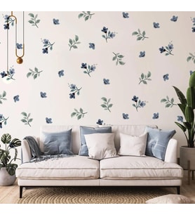 Mavi Çiçekler ve Yapraklar Duvar Sticker Boho Duvar Dekorasyon (Karışık)