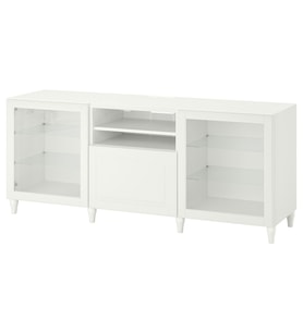 TV Sehpası, Beyaz-Şeffaf Cam, 180x42x74 cm, Fren Raylı