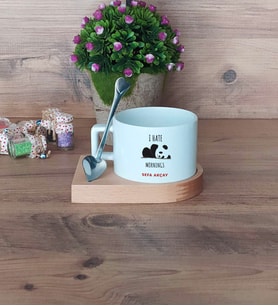 Sevimli Panda Kupa Bardak Kısa Ahşap Altlıklı Kaşıklı