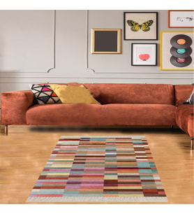 Renk Bloklu Geometrik Geçişli Dijital Baskı Yıkanabilir Kaymaz Taban Salon Halısı ve Yolluk (Çok Renkli)