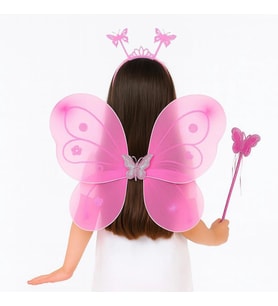 Pembe Kelebek Kız Seti - 50 Cm Kelebek Kanadı, Taç Ve Asa