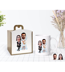 BK Gift Kişiye Özel Ahşap Kutuda Sevgililer Karikatürlü Beyaz Kupa Bardak-16