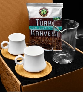 İkili Bambu Porselen Türk Kahvesi Fincanı Seti & Büyük Cam Cezve & Kahve Dünyası Türk Kahvesi