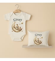 Pia Baby Premium %100 Pamuk İsme Özel Organik Baskılı Çıtçıtlı Bebek Body Ve Yastık Kılıfı 5052-19 (Ekru)