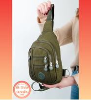 Haki Unisex Su Geçirmez Krinkıl Kumaşlı Fermuarlı 5 Bölmeli Çapraz Body Bag Vücut Çantası (Haki)