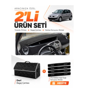 RENAULT SCENIC 2 (2003-2009) Uyumlu Torpido Örtüsü + Deri Bagaj Çantası + Sticker Seti - Siyah Gri