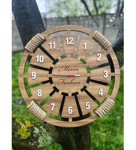 Kişiye Özel Halatlı Dekoratif Ahşap Duvar Saati 40 cm