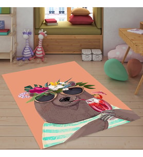 Sevimli Ayı Desenli Halı Dijital Baskı Yıkanabilir Kaymaz Taban Leke Tutmaz Çocuk Odası Halısı (Pembe)