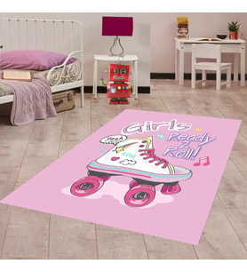 Paten Desen Renkli Dijital Baskı Yıkanabilir Kaymaz Taban Bebek ve Çocuk Odası Halısı (Pembe)