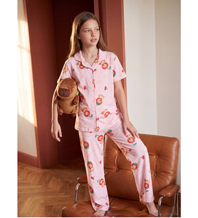 LCW Kids Pembe Gömlek Yaka Baskılı Kız Çocuk Pijama Takım