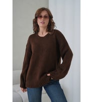 Kadın Bisiklet Yaka Yumuşak Dokulu Oversize Triko Kazak 3032 (KAHVE)