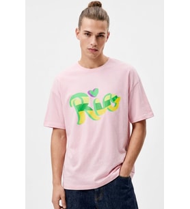 Erkek Pembe Rio Baskılı Oversize Bisiklet Yaka Tişört