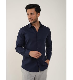 Lacivert Erkek Slim Fit Düz Klasik Yaka Uzun Kol Gömlek