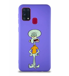 Samsung Galaxy M31 Soft Premier Kapak Squidward Dokunaç Tasarımlı Silikon Kılıf - Mor (Şeffaf)