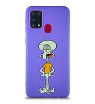 Samsung Galaxy M31 Soft Premier Kapak Squidward Dokunaç Tasarımlı Silikon Kılıf - Mor (Şeffaf)
