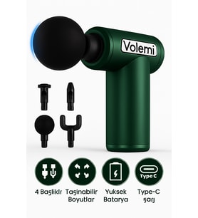 Volemi Yeşil 6 Hız Kademeli 4 Başlıklı Masaj Tabancası Masaj Aleti Şarjlı Titreşimli Sporcu Masaj Ta