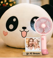 Kişiye Özel Fotoğraflı Panda Yastık & Şarjlı El Fanı 3 Kademli Turbo