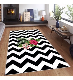 Siyah Beyaz Zigzag Desenli Yıkanabilir Kaymaz Taban Leke Tutmaz Modern Salon Halısı ve Yolluk