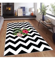 Siyah Beyaz Zigzag Desenli Yıkanabilir Kaymaz Taban Leke Tutmaz Modern Salon Halısı ve Yolluk