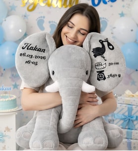 Kişiye Özel İsimli Bebek Hediyesi Peluş Oyuncak Fil İlk Anı, Doğum Hediyesi - Anneye Eşe, Kız Erkek Yeni Doğan Hastane Hediyelik (Gri)