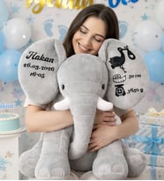 Kişiye Özel İsimli Bebek Hediyesi Peluş Oyuncak Fil İlk Anı, Doğum Hediyesi - Anneye Eşe, Kız Erkek Yeni Doğan Hastane Hediyelik (Gri)