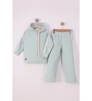 Monox Kız Çocuk Çiçek Baskılı İpli Şeritli Pantolon Fitilli Polar Takım (Yeşil)