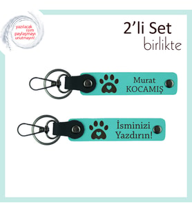Kalpli Pati Motifli Deri Anahtarlık Seti, Kedi Sahipleri İçin İsme Özel Hediye, Turkuaz-Turkuaz