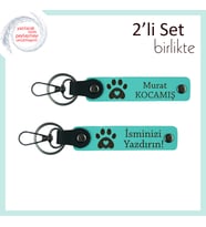 Kalpli Pati Motifli Deri Anahtarlık Seti, Kedi Sahipleri İçin İsme Özel Hediye, Turkuaz-Turkuaz