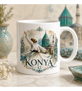 Konya 42 Suluboya Semazen ve Mevlana Tasarımlı Baskılı Kupa, Turkuaz Tarihi Şehir Temalı Zarif Memleket Hediyesi