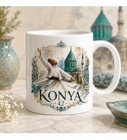 Konya 42 Suluboya Semazen ve Mevlana Tasarımlı Baskılı Kupa, Turkuaz Tarihi Şehir Temalı Zarif Memleket Hediyesi