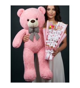 Doğum Günü Hediyesi 90cm Pembe Ayıcık ve Pembe Kalpli Ayıcık Buketi