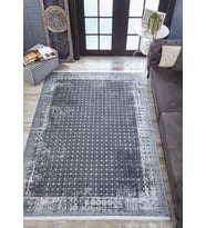 Gri Halı Vintage Stil Geometrik Bordürlü Yumuşak Dokulu Salon Halısı Koridor Eskitme Dekor