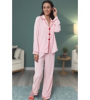 Kadın Şık Rahat Uzun Kollu Boru Paça Kalpli Biyeli Viskon Dokuma Pijama Takımı (Pembe)