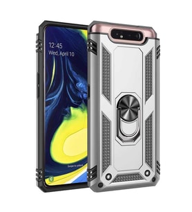Samsung Galaxy A80 Kılıf Metal For Car Yüzüklü Standlı Military Ring Serisi (Gümüş)