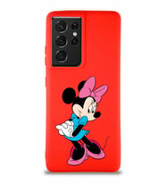 Samsung Galaxy S21 Ultra Soft Premier Kapak Minnie Mouse-F Tasarımlı Silikon Kılıf - Kırmızı (Şeffaf)