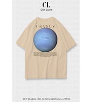 Nevermind Unisex Kadın Erkek Uranüs Baskılı Özel Tasarım Oversize T-shirt (Bej)
