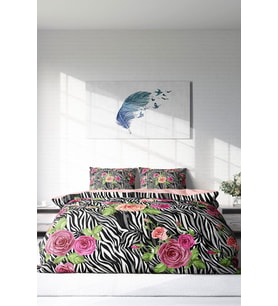 Çift Kişilik ( Lastikli Çarşaflı ) %100 Pamuk Saten Nevresim Takımı Zebra Flower