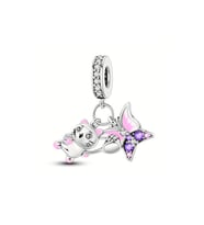 Kelebeği Yakalayacak Kedi Sallantılı Gümüş Charm