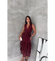 Neşeli butik kadın bordo kruvaze yaka kat kat kuşaklı midi boy elbise NBK4674