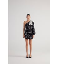Puantiyeli Çıkarılabilir Kurdele Aksesuarlı Tek Kollu Mini Polka Elbise Siyah