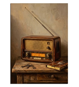Ahşap Masada Vintage Radyo Dekoratif Kanvas - Mdf Ahşap Tablo