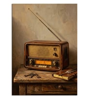 Ahşap Masada Vintage Radyo Dekoratif Kanvas - Mdf Ahşap Tablo