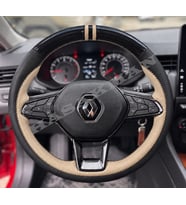 Renault Megane 4 Dikme Direksiyon Kılıfı Parlak Siyah Bej Detaylı Bej Çift Yüzük ve Dikiş 2020-2024