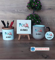 Polis Dekoratif Taş, Kalemlik, Sihirli Oval Kupa Bardak, Ahşap Anahtarlık Hediye (Model 1)
