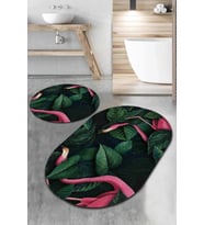 Yeşil Yapraklı Desen Oval Banyo Klozet Paspas Seti BS089
