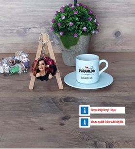 Paramedik Türk Kahvesi Fincanı Ahşap Altlıklı ve Fotoğraflı Ahşap Anahtarlık Hediye (Model 2)