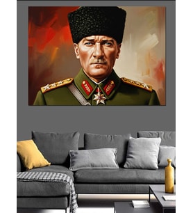 Yeşil Fonlu Atatürk Portresi Dekoratif Kanvas - Mdf Ahşap Tablo