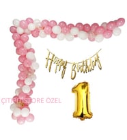 Lüks Pembe Beyaz Doğum Günü Balon Zincir Seti